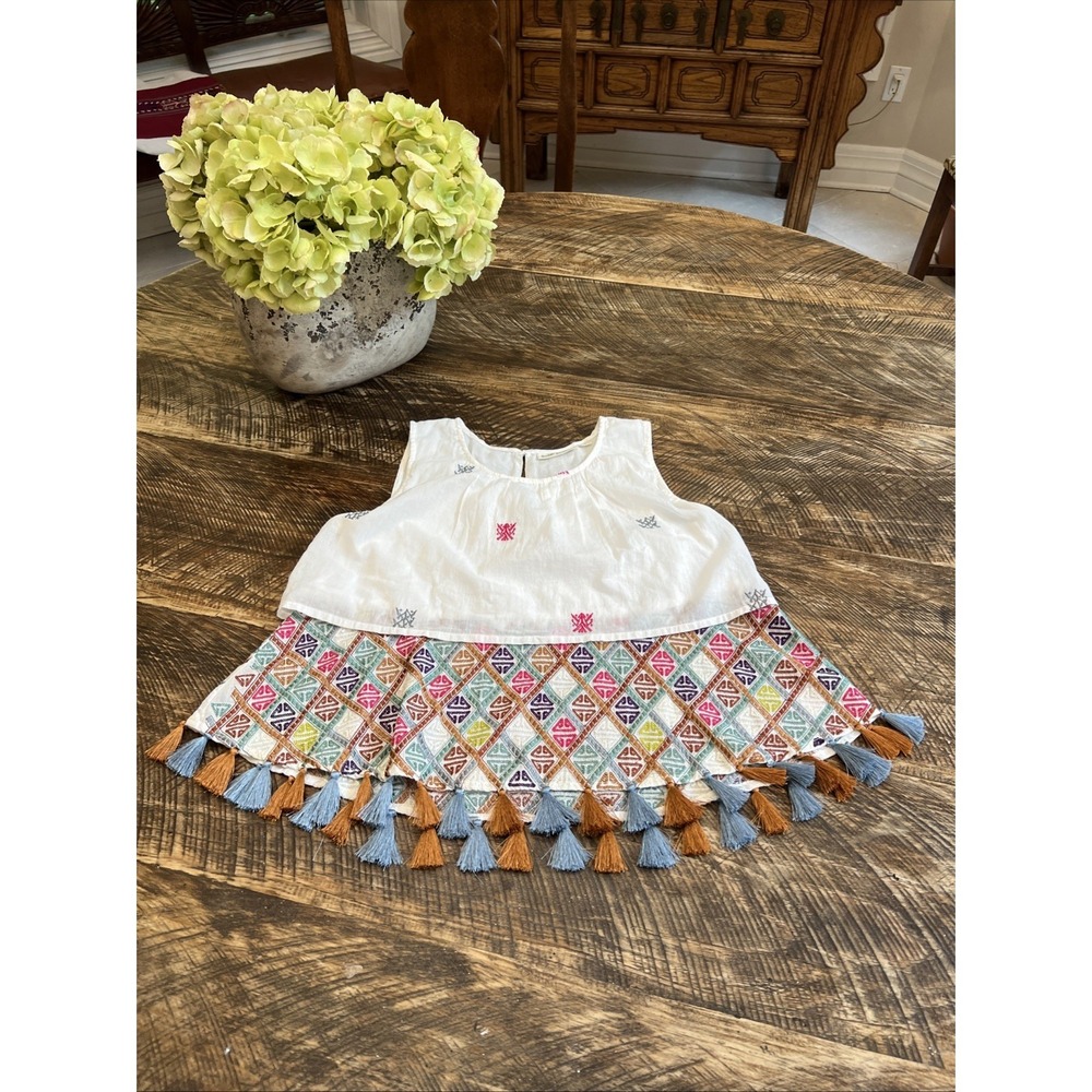 Roller Rabbit Womens Embroidered  BOHO Tiered Top White Cotton Size S
